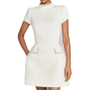 Short White Dress Mock Neck Cap Sleeve Faux Pearl-Like Trim **Size L fits like 8 - Picture 1 of 16