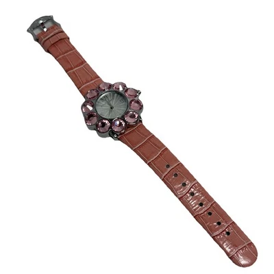 Betsey Johnson Watch Pink Leather Band Silver Case New Battery Rhinestones Round - Image 1 of 4