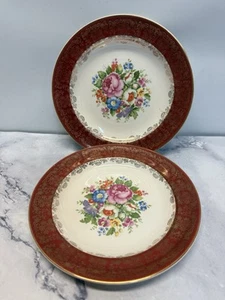 7 Salem China Maroon Band 23K Gold Floral Center Dessert Plate 6.25”  Set Of (2) - Picture 1 of 3