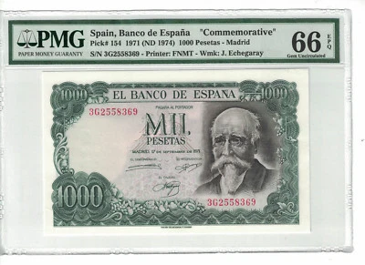 SPAIN 1000 Pesetas 1971 Pick# 154 PMG: 66 EPQ GEM UNC. (#1581) - Image 1 of 2