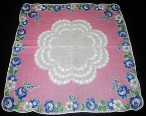 Vintage Hankie LOVELY Blue Rose Floral Pink & White Center Hand Rolled - Picture 1 of 3