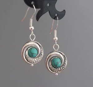 Round Turquoise Earrings Howlite Tibetan Silver 925 Sterling Hooks Jewelry Women - Picture 1 of 4