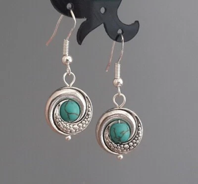 Round Turquoise Earrings Howlite Tibetan Silver 925 Sterling Hooks Jewelry Women - Image 1 of 4