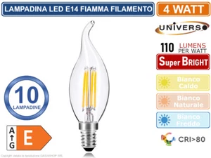 CONFEZIONE 10 LAMPADINE LED FILAMENTO E14 4W CANDELA A FIAMMA 3000K 4000K 6500K - Foto 1 di 2
