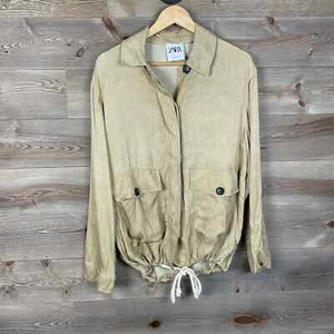ZARA S Adjustable Hem Drawstring Waist Button Down Pocket Jacket Tan Small - Picture 1 of 10