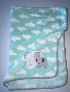 CLOUD ISLAND GREEN WHITE CLOUDS MOM BABY ELEPHANT BABY BLANKET D2 - Picture 1 of 2