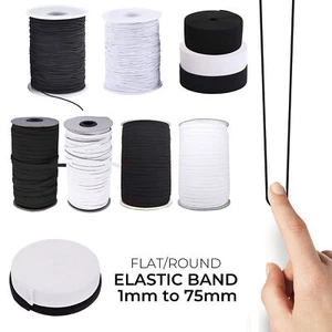 White Black 1mm-75mm Wide Stretch Round Flat Elastic Band for Sewing Strap Waist - Picture 1 of 22