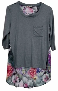 Soft Surroundings Women’s Gray Tee Floral Tunic Shirt High/Low Size M Pocket - Picture 1 of 8
