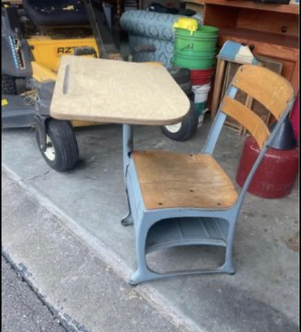 Vintage Child's School Desk Oak Seat And Back Blue Steel Frame Cover