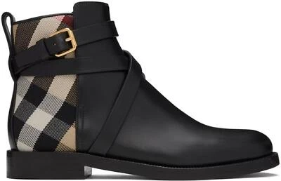 Botas botín BURBERRY Pryle House a cuadros con hebilla ecuestre correa al tobillo plano $950 Foto 1 de 4