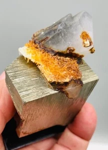PYRITE BRILLIANT SINGLE CUBIC CRYSTAL with DOUBLE POINTED CALCITE from PERU - Picture 1 of 18