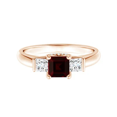 Anillo de tres piedras preciosas granate rojo corte cuadrado de 5 mm de oro rosa de 14 k para mujer Foto 1 de 4