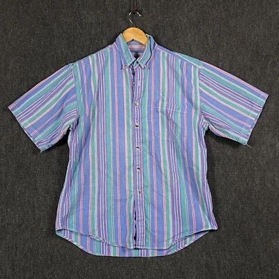 Van Heusen 417 Mens Large Short Sleeve Button Up Shirt Blue Purple Green Stripe - Image 1 of 4