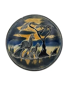 Handmade Zebra Bowl Hand Painted Clay Primitive Blues Black White Beige Green - Picture 1 of 14