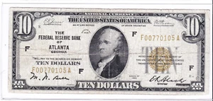 1929 $10 ATLANTA Georgia GA Banco de la Reserva Federal FRB Moneda Nacional Marrón - Imagen 1 de 2