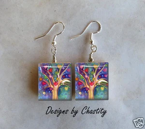 Tree of Hearts Earrings Love Life Friendship Art Charm Water Color Scrabble Art - Picture 1 of 1