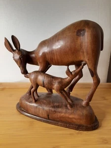 Vintage Art Hand Carved Wood Deer/Fawn Sculpture/Figurine Nursing Grooming 9"H - Picture 1 of 9