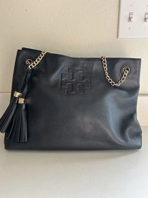 Tory Burch Thea Black Leather Chain Shoulder Bag Tote – Logo Tassel – Large - Image 1 of 4