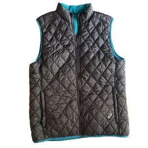 Asics Vest Women's Quilted Sleeveless Black Teal Fleece Lined Athletic - Picture 1 of 5