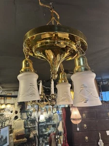 Brass 1990s Edwardian Style Three Light Pan Ceiling Light with Cut Glass Shades - Picture 1 of 10