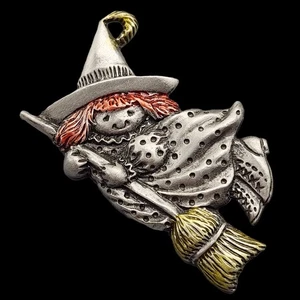 Vintage Flying Witch Halloween Brooch Pewter Pin Folk Cute Polka Dot Silver Hue - Picture 1 of 6