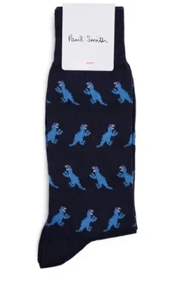 PAUL SMITH Hombres 'Dino' Jacquard Dinosaurio Calcetines Azul Marino Algodón - NUEVO Foto 1 de 4