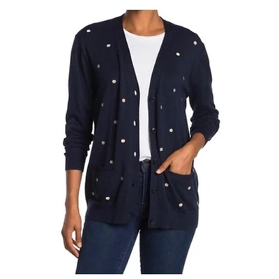 J.Crew Polka Dot Front Button V-Neck Pocket Cardigan Sz Small Navy and White NWT - Image 1 of 4