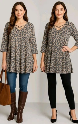 Women’s Leopard Print Tunic Top 1X, Stretchy A-Line Swing Blouse Made In USA - Image 1 of 4