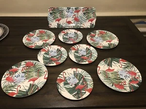 9 Pc SET Cynthia Rowley Pink Flamingo Tropical Palm Leaves MELAMINE Plates Tray - Picture 1 of 5