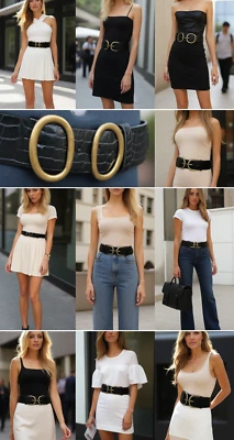 Mujeres Negro Imitación Cuero Cintura Cadera Cinturón Antiguo Dorado Doble Hebilla S M Foto 1 de 4