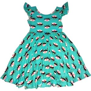 Dot Smile Girls 3 4 Green Heart Eyes Spikes Teal Empire Twirl Dress NWT - Picture 1 of 5