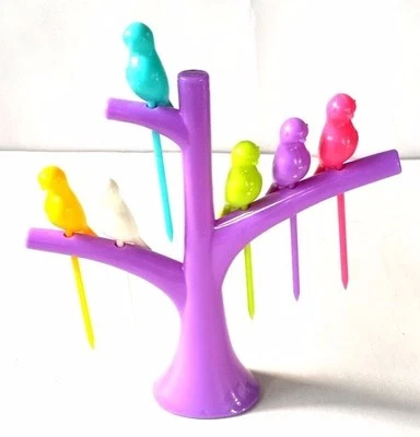 2 BOXS BIRDIE FRUIT FORK SET SERIES PLASTIC BIRD ON  PURPLE AND WHITE TREES  - Image 1 of 4