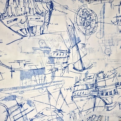 Premier Prints Fabric Schooner Nautical Sailing Boats Cotton Blue White 7.6 yds - Image 1 of 4