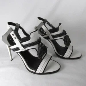 L.A.M.B. Gwen Stefani Strappy Stiletto Heel Shoe Sz 8 Tassels White Black Gray - Picture 1 of 10