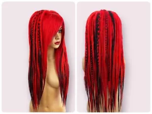 Red Black Synthetic Dread Wig Bangs Full Density Hair Gothic Cyberpunk Cosplay - Picture 1 of 7