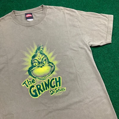 复古 The Grinch 衬衫男式 L 绿色 2001 Dr Seuss 图形拼出标志 Y2K — 第 1/4 张图片