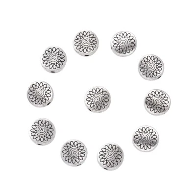 20pcs Tibetan Alloy Metal Beads Flat Round Carved Sunflower Loose Spacer 8.5mm - Image 1 of 4
