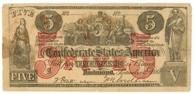 CT-31 1861 Confederate States of America CSA $5 Note CTFT (64207) - Image 1 of 2
