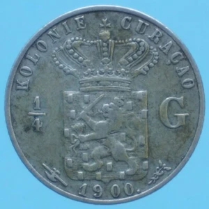 CURACAO GUGLIELMINA I 1/4 GULDEN 1900 ARGENTO SILVER COIN qBB CURRENCY - Foto 1 di 2