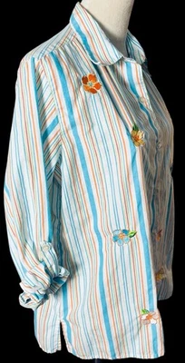 Breckenridge женщин в полоску Sm рубашка цветок вышивка на пуговицах вкладка рукав винтажный - Изображение 1 из 4
