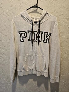 Victoria’s Secret Pink XL Everyday Heather Gray Zip-Up Hoodie Black Logo - Picture 1 of 5