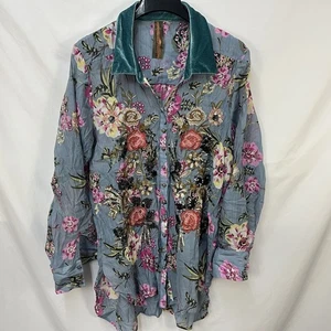 WOMENS ARATTA SILENT JOURNEY GREEN FLORAL SEQUINS EMBROIDERED MAXI TUNIC L BOHO - Picture 1 of 8