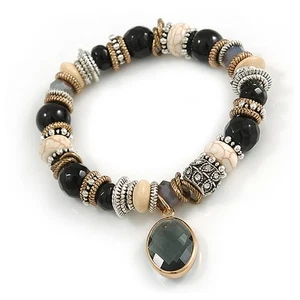 Trendy Ceramic and Semiprecious Bead, Gold/ Silver Tone Metal Rings Flex - Picture 1 of 4