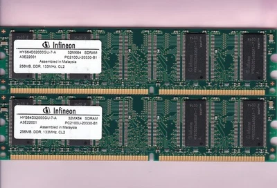 512MB 2x256MB DDR-266 INFINEON PC-2100 HYS64D32000GU-7-A DDR1 Desktop Memory Kit - Image 1 of 2