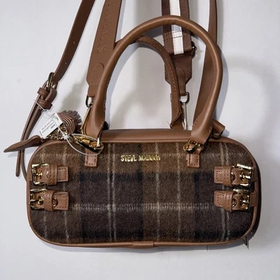 Bolso Bandolera Steve Madden Marrón A Cuadros Blennix Cáscara de Nuez Borla Perro Dije Otoño Foto 1 de 4