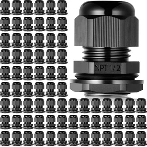 100 Pcs 1/2" NPT Black Nylon Cable Gland, Waterproof IP68 Adjustable Locknut ... - Picture 1 of 7