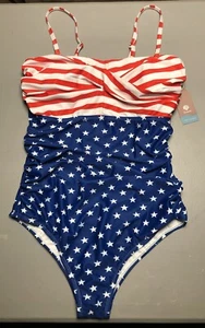 NWT - Smismivo Red, White & Blue American Flag Print 1 Piece Women's Swimsuit XL - Picture 1 of 7