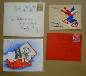 2 Weihnachtskarten in Briefumschlägen 1939-1940 nach Brooklyn (Hunde, Mädchen auf Schlitten) - Bild 1 von 2