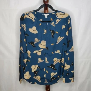Bass women's size M blouse blue with "Hats" theme scoop neck long sleeve - Picture 1 of 5