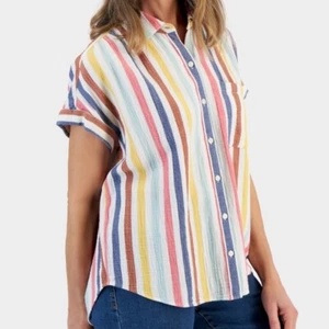 Style & Co Damen XL Hemd mit Knopfleiste Relaxed Fit Mehrfarbig Streifen Baumwolle Gaze SS - Bild 1 von 9